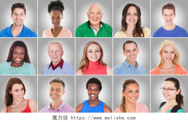 不同族裔微笑人群的拼贴照片灰色背景下不同族裔微笑休闲人群的拼贴画